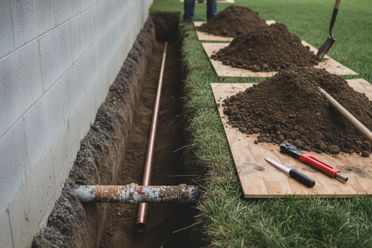 Excavated water line trench during Sewer Line Repair in Buckhead